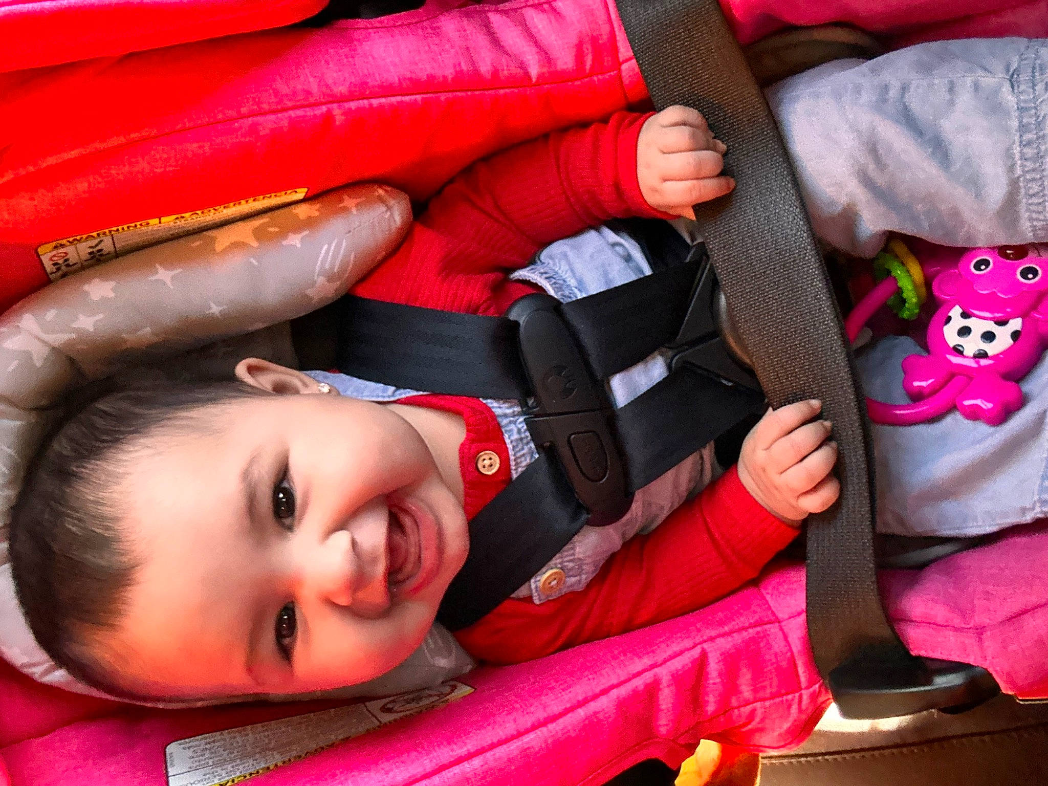 Lila is registered to the contest to win money with this photo: auto_part, baby, baby_carriage, baby_products, car_seat, carmine, child, comfort, flash_photography, fun, happy, joy, magenta, mouth, person, pink, red, skin, smile, textile