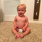 Francis joined the competition — help win amazing prizes! baby, child, diaper, carpet, smile, sitting, indoor, measurement_board, growth_chart, blond_hair, happy, cute, skin, person, floor, room, young_child, infant, head, face