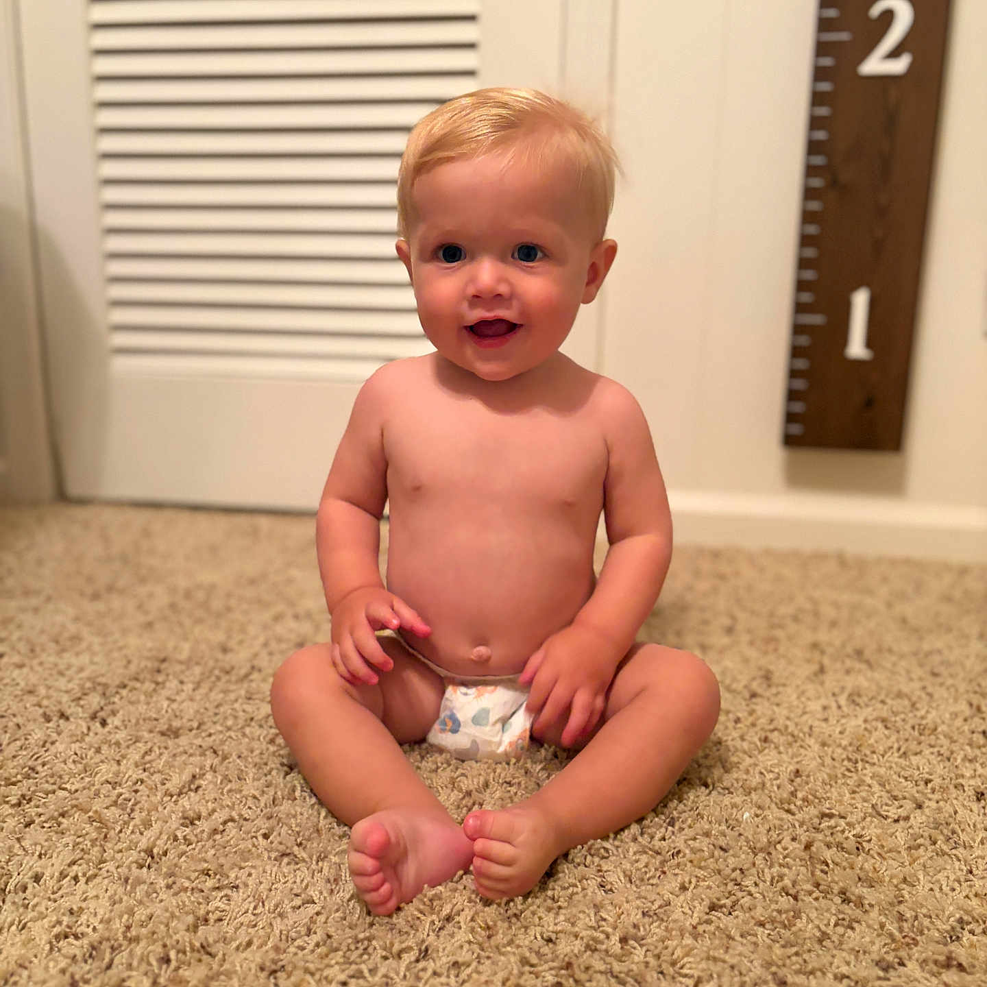 Francis joined the competition — help win amazing prizes! baby, child, diaper, carpet, smile, sitting, indoor, measurement_board, growth_chart, blond_hair, happy, cute, skin, person, floor, room, young_child, infant, head, face