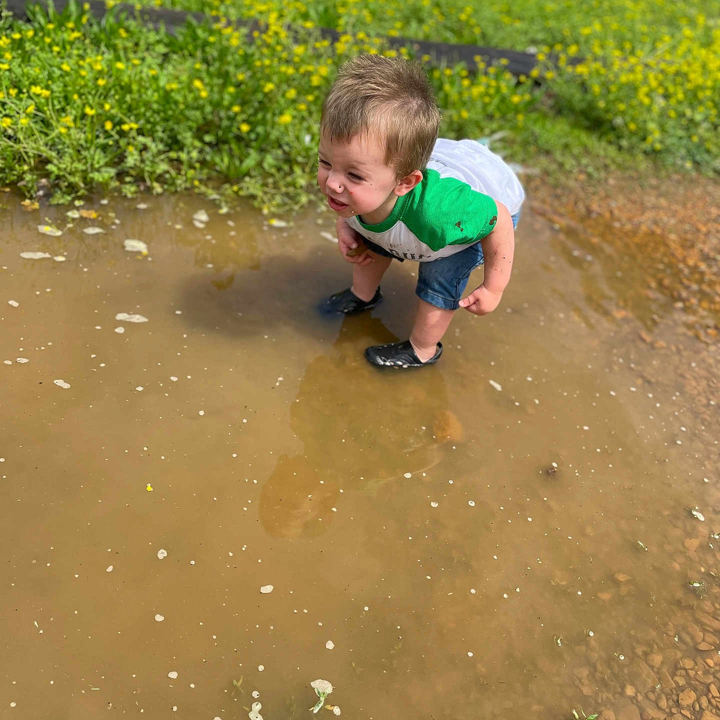 Julian is registered to the contest to win money with this photo: boy, child, clothing, face, footwear, grass, head, male, nature, outdoors, person, photography, plant, portrait, puddle, shoe, shorts, soil, summer, water