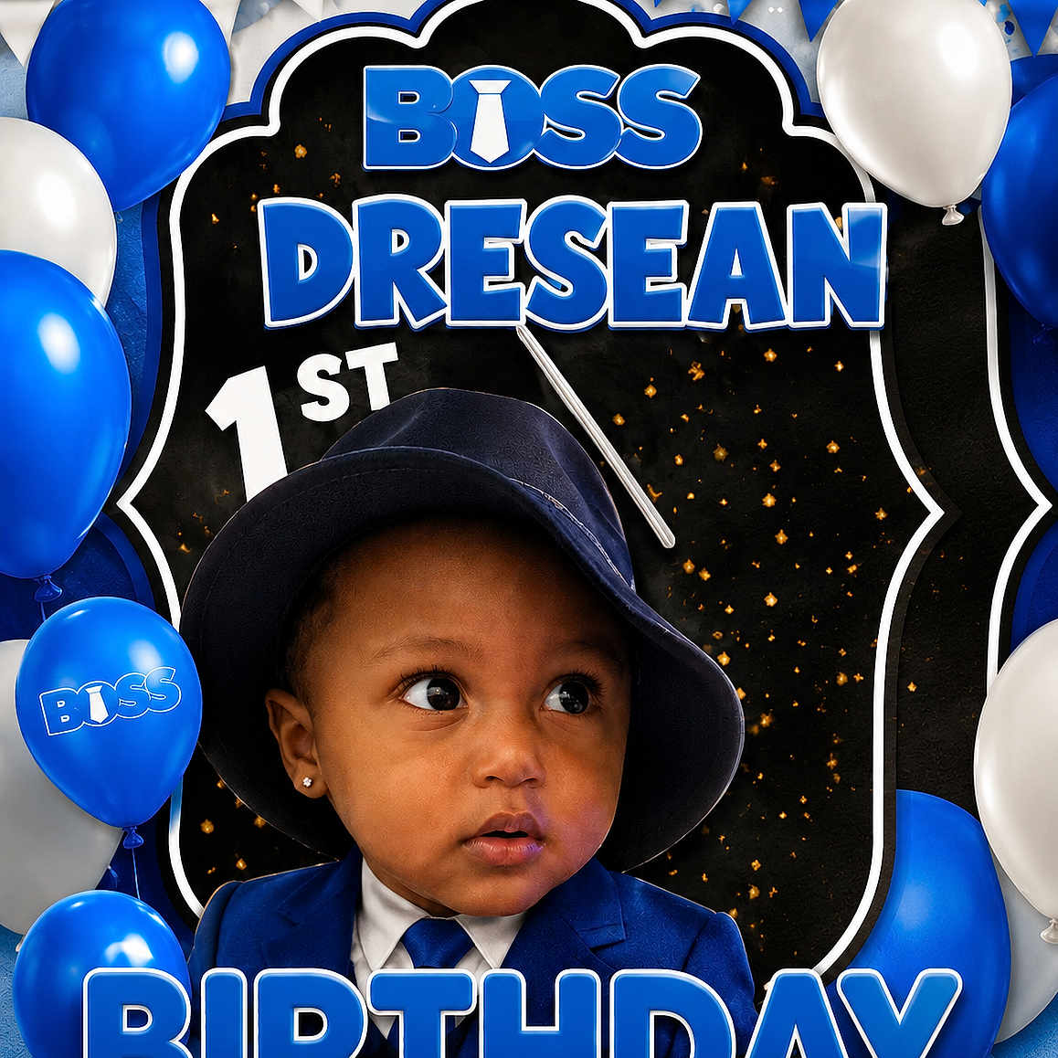 Dresean joined the competition — help win amazing prizes! 1st_birthday, baby, background, balloons, birthday, blue_suit, celebration, child, cute, decorations, earrings, event, face, fedora, festive, hat, party, portrait, smiling, tie