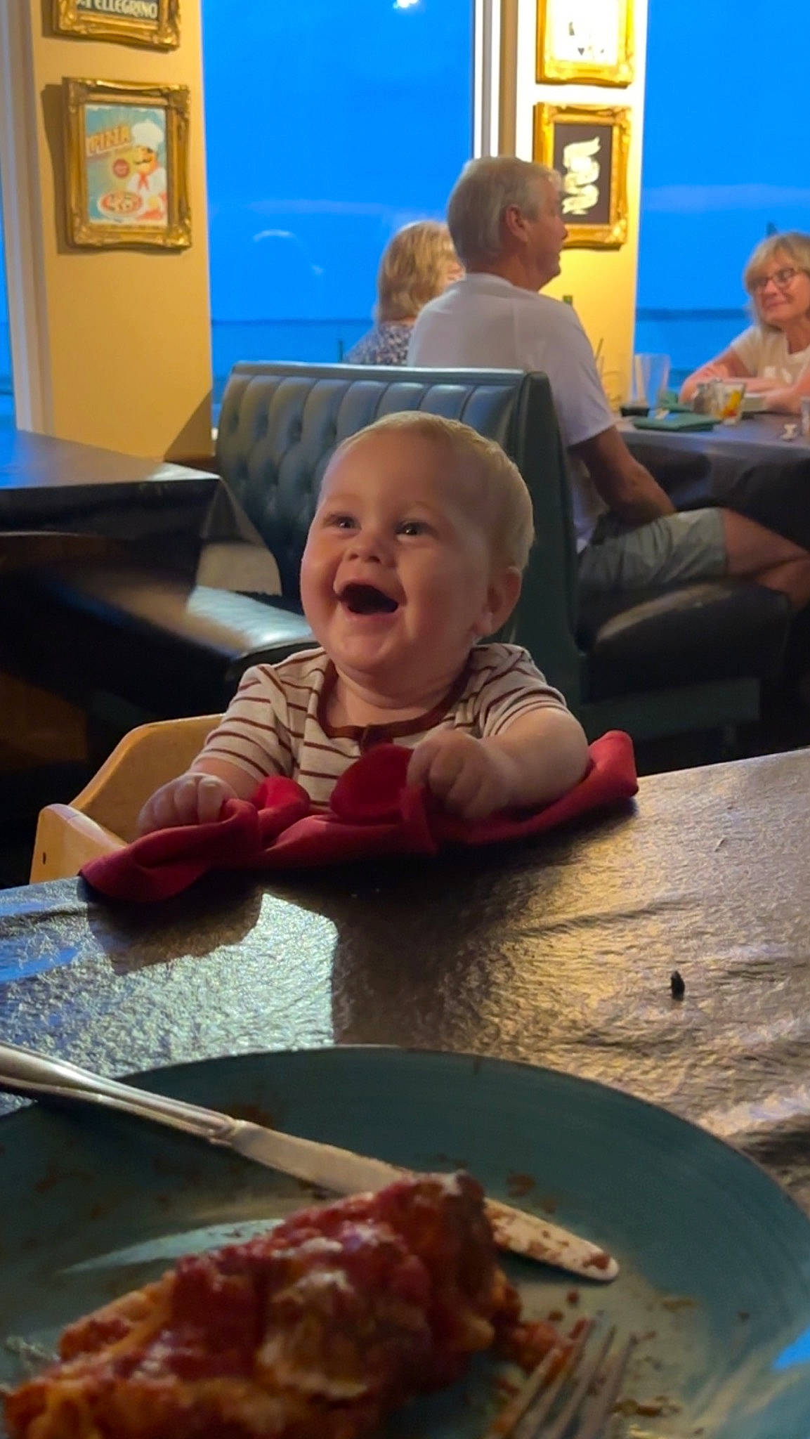 Cohen is registered to the contest to win money with this photo: baby, chair, child, couch, cuisine, dish, event, face, food, fun, joy, organ, person, photograph, picture_frame, recipe, smile, snapshot, table, tableware