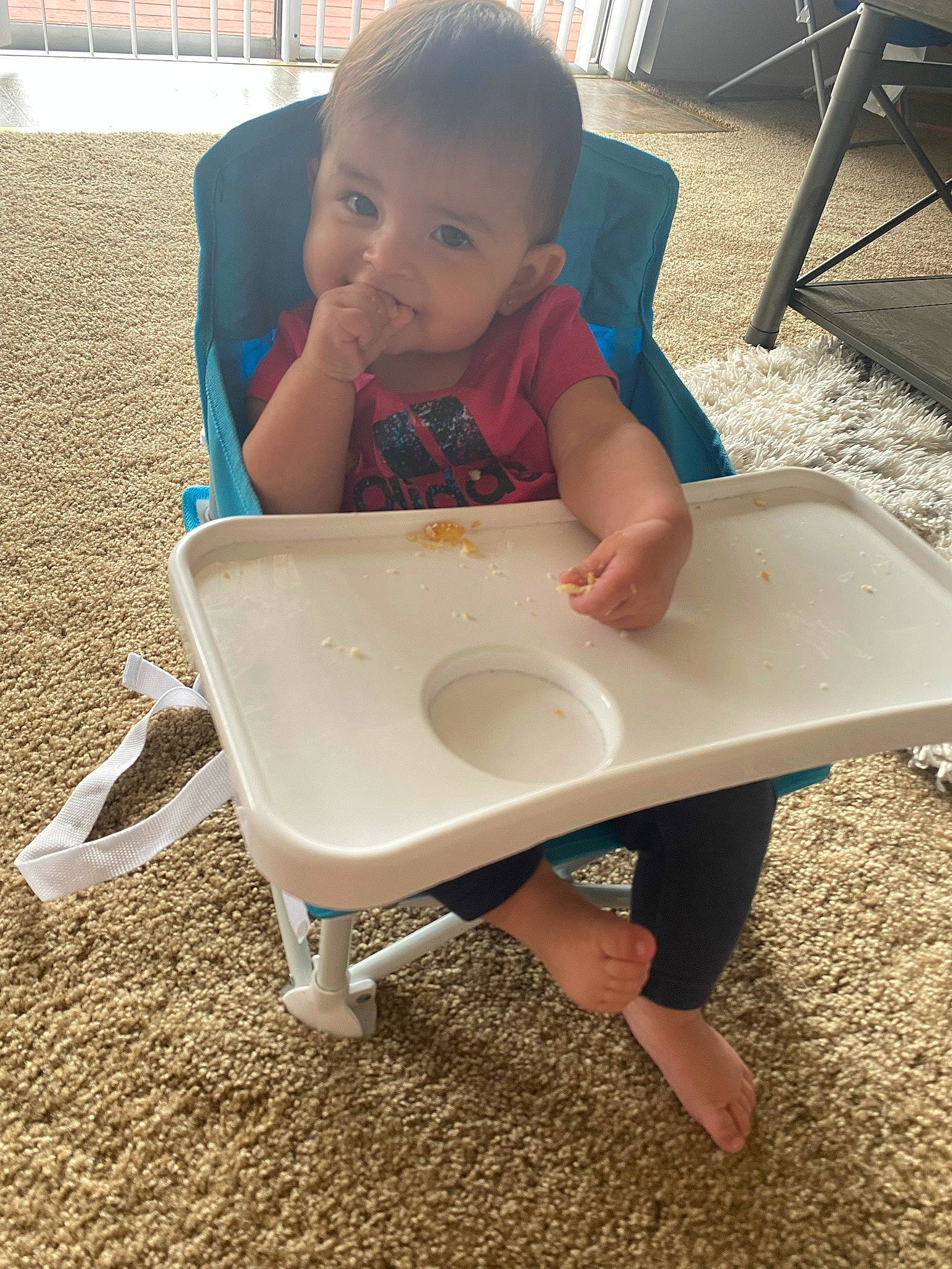 Elisabella joined the competition — help win amazing prizes! baby, baby_toddler_clothing, barefoot, chair, child, flooring, foot, fun, head, human_leg, leisure, person, plastic, play, sitting, smile, t_shirt, table, toddler, vacation