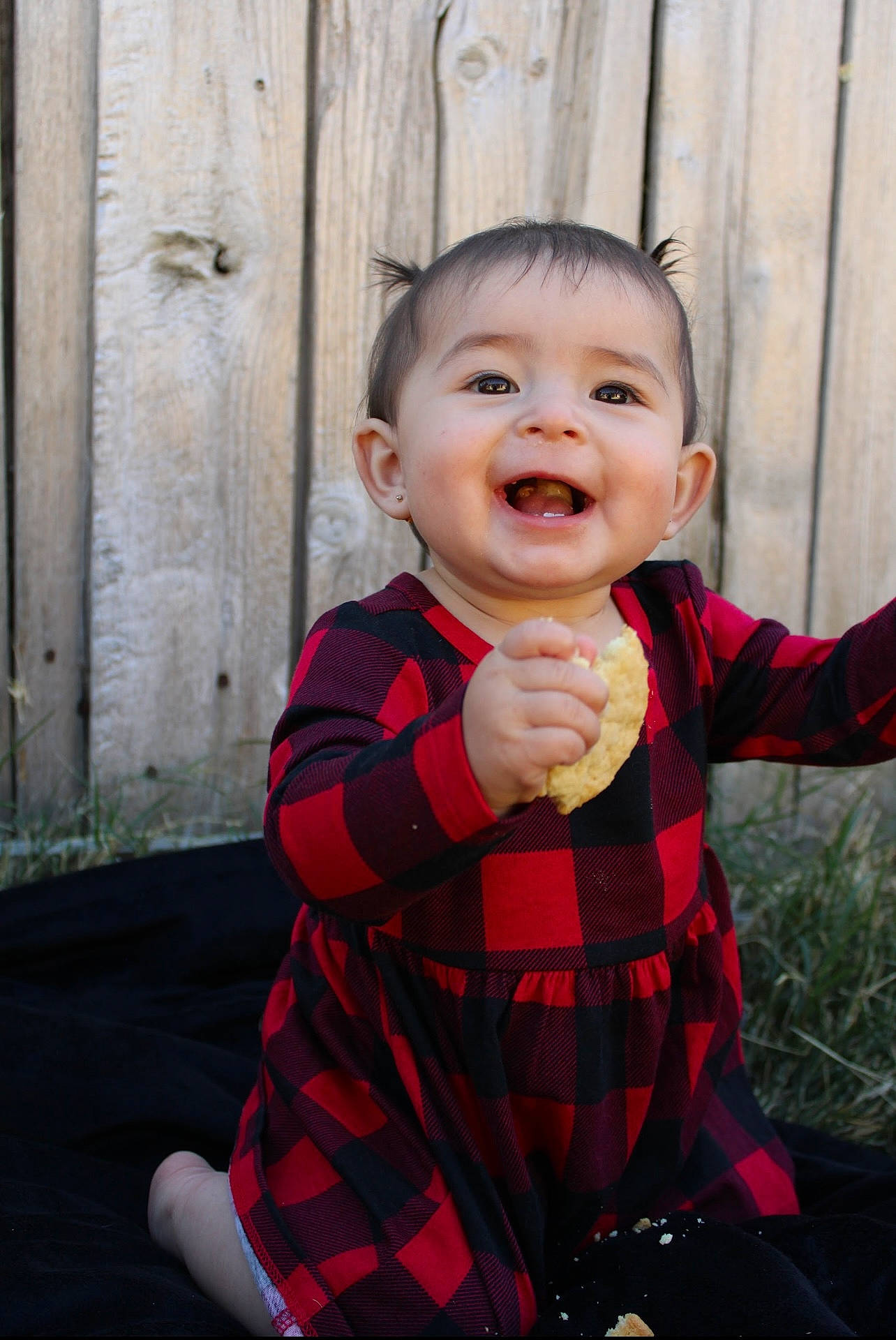 Elisabella joined the competition — help win amazing prizes! baby, baby_toddler_clothing, cheek, eye, face, flash_photography, gesture, happy, head, joy, lip, pattern, person, plaid, plant, skin, sleeve, smile, standing, tartan