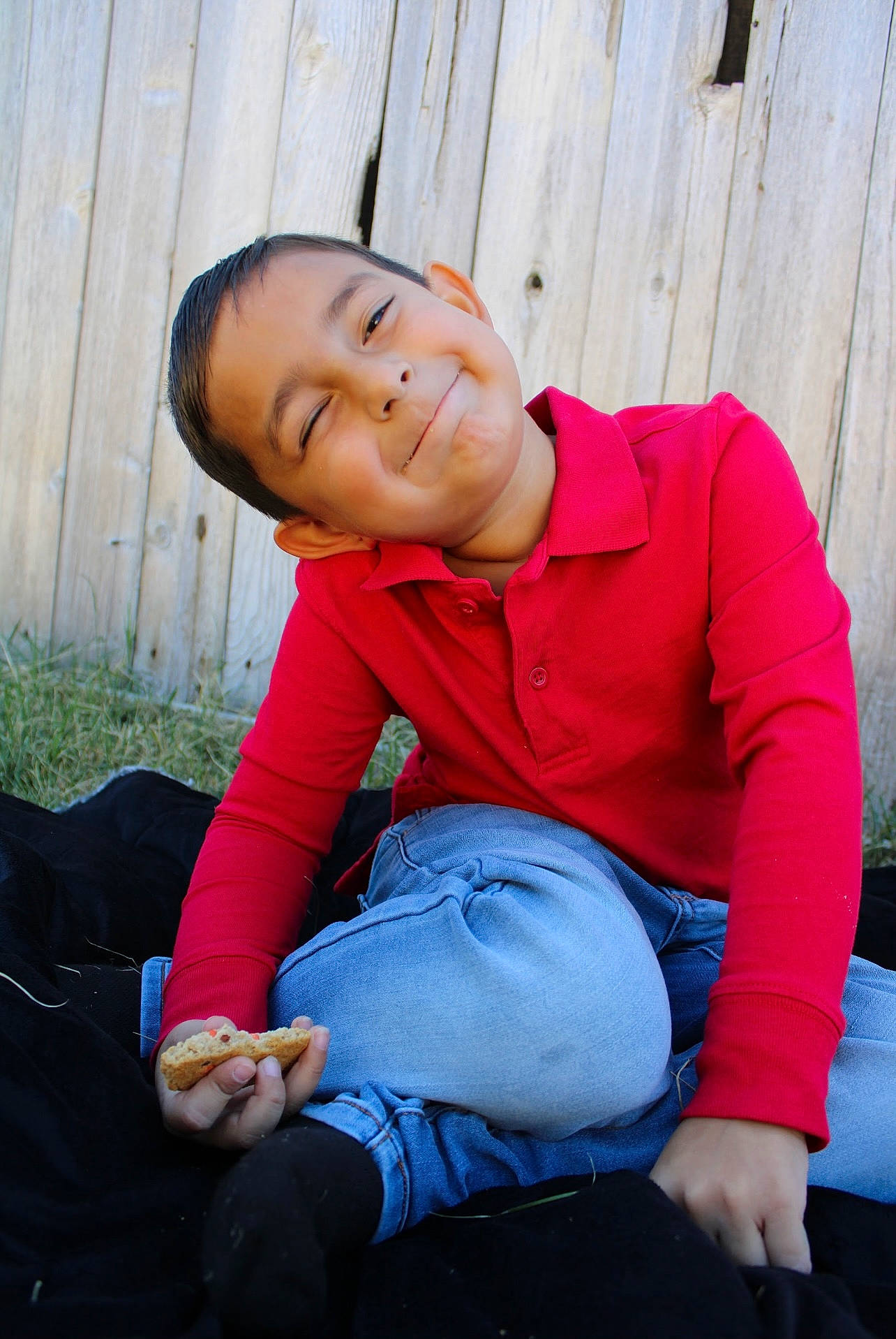 Gabriel joined the competition — help win amazing prizes! black_hair, child, cool, denim, flash_photography, fun, fur, grass, happy, human_leg, jeans, joy, knee, lap, leg, leisure, person, sitting, sleeve, thigh