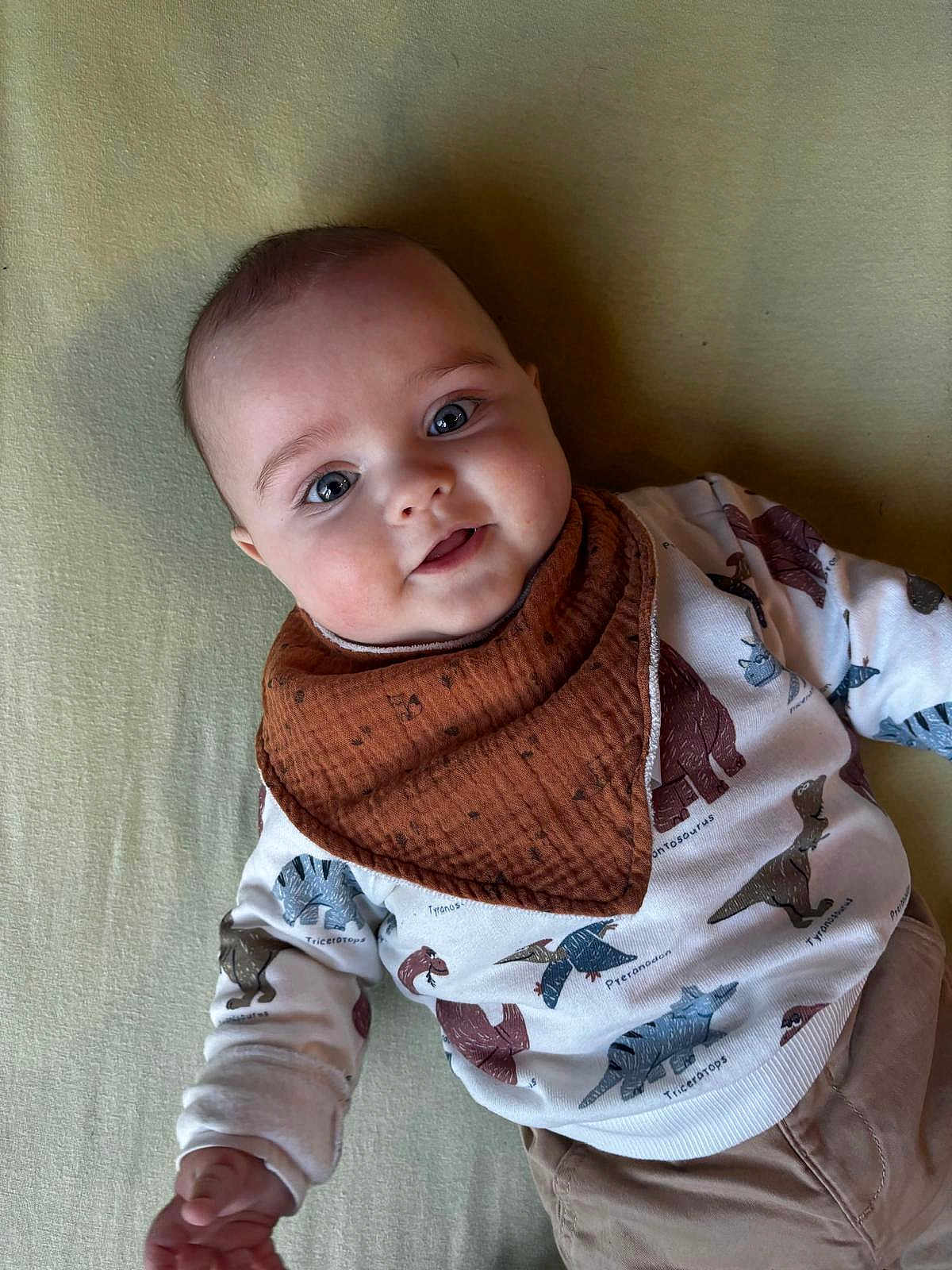 Loan a rejoint le concours — aidez-le/la à gagner de superbes lots ! baby, infant, bib, onesie, dinosaur_print, smile, blue_eyes, chubby_cheeks, blanket, lying_down, head, hand, sleeve, pants, soft_lighting, portrait, indoor, cute, clothing, fabric_texture