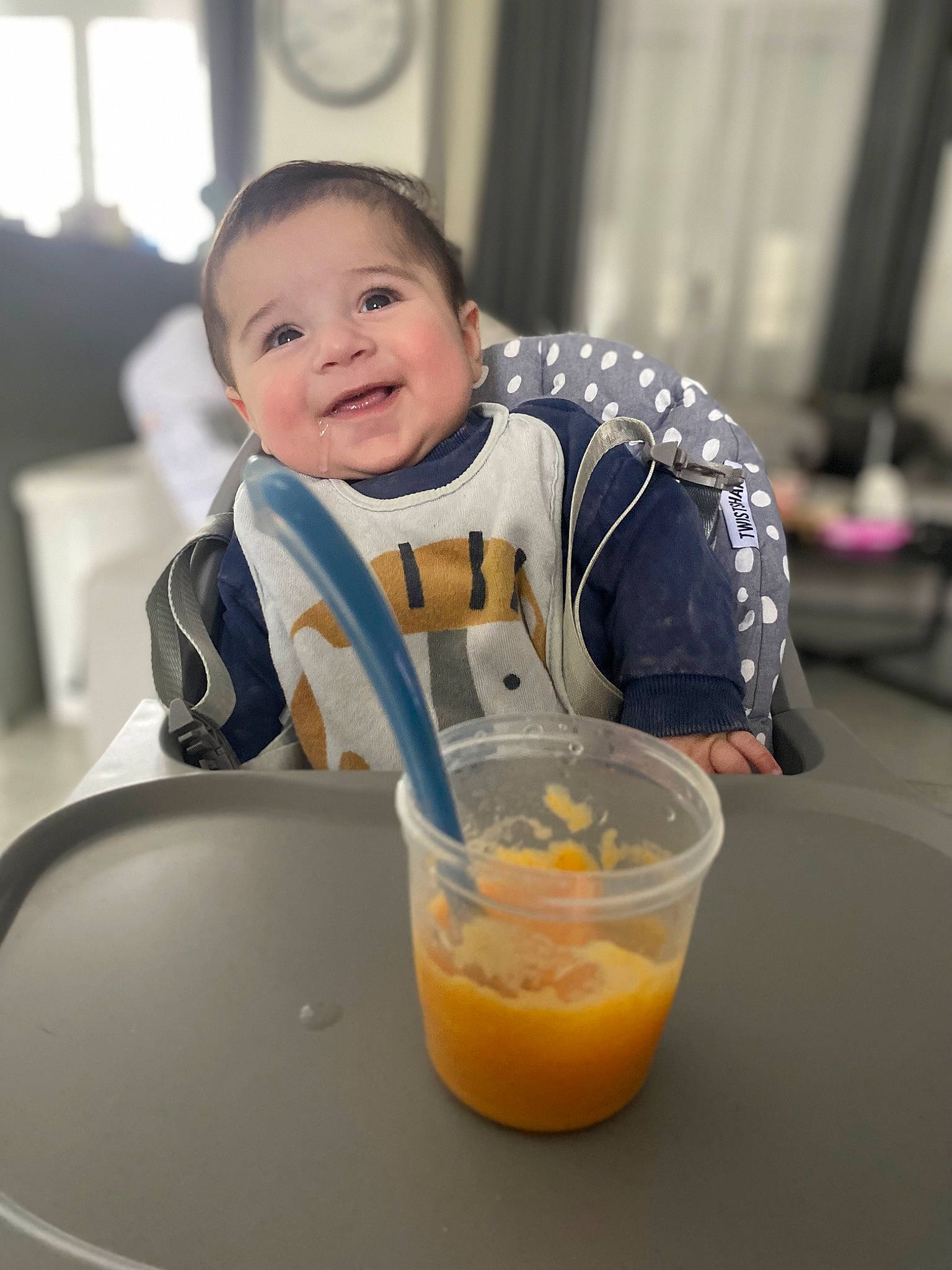 Milio participe au concours pour gagner de l'argent avec cette photo : baby, baby_toddler_clothing, bib, breakfast, chair, child, comfort_food, curtain, drink, drinkware, food, fun, happy, ingredient, joy, person, sitting, sleeve, smile, sweetness