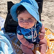 Rylee is registered to the contest to win money with this photo: baby, baby_sitting, beach, beach_towel, blue_hat, child, chubby_legs, close_up, cute, food_on_face, infant, outdoor, playful, sand, summer, sun_hat, sun_protection, sunny, swimsuit, vacation