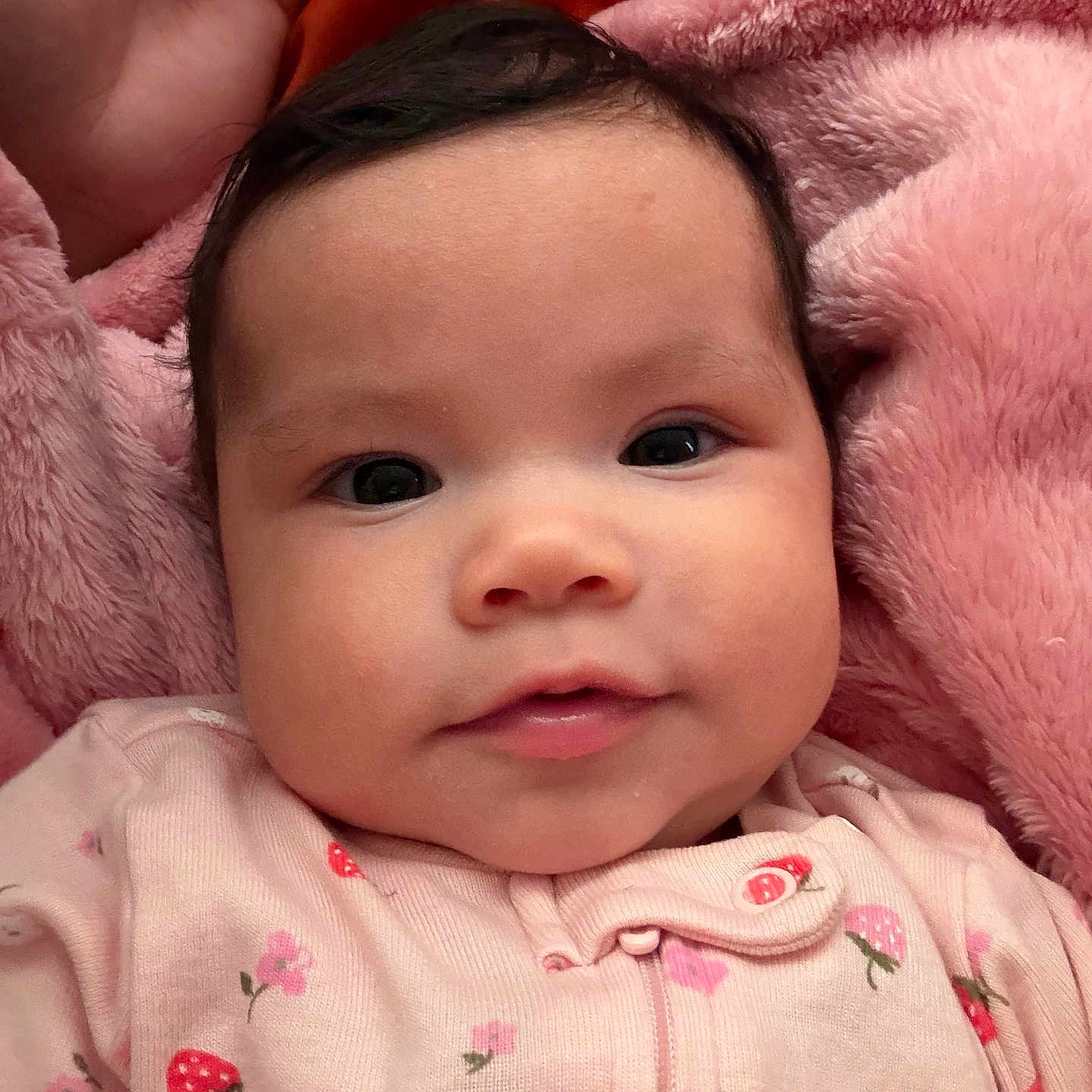 Ines joined the competition — help win amazing prizes! baby, infant, child, portrait, face, eyes, smiling, pink, blanket, fluffy, clothing, onesie, strawberry, floral, indoors, close_up, cuddly, lying_down, head, photography