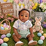 baby, easter, eggs, grass, flower, plush_bunny, basket, bow_tie, pastel_colors, spring, cute, child, celebration, holiday, outdoor, greenery, smiling, sitting, decor, festive