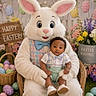 baby, child, easter_bunny, mascot, easter_eggs, basket, flowers, pastel_colors, bow_tie, costume, holiday, spring, celebration, cute, smiling, indoor, decorations, chair, person, festive
