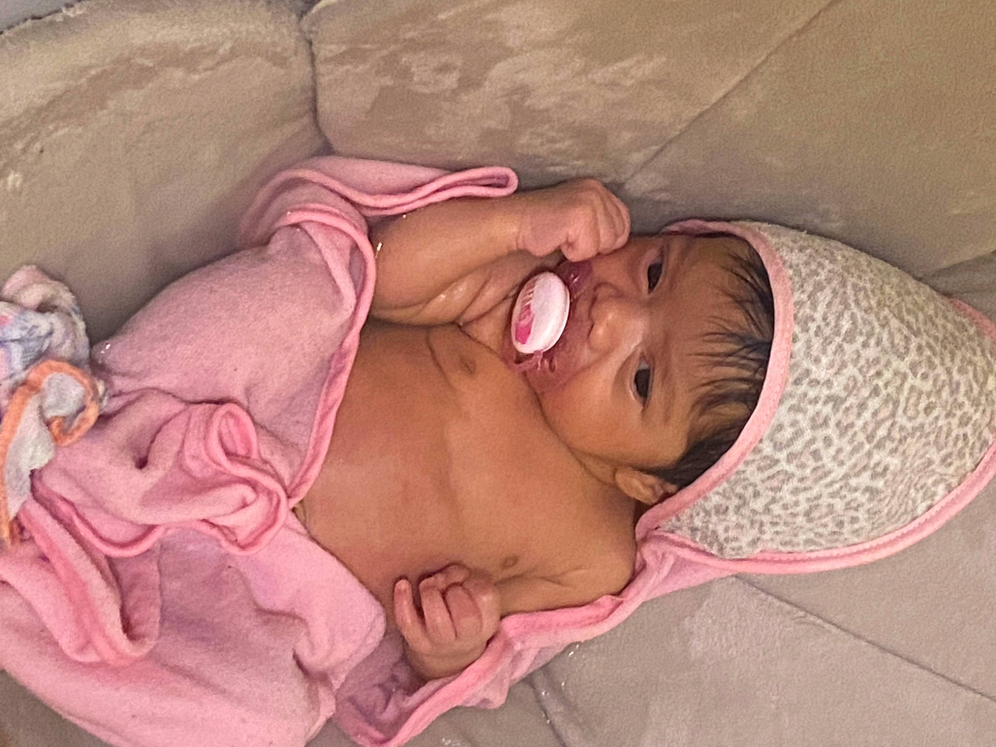Addalynn is registered to the contest to win money with this photo: abdomen, baby, baby_products, baby_safety, bedding, bedtime, cheek, chest, child, comfort, hand, headgear, headwear, linens, mouth, nap, person, pink, room, skin