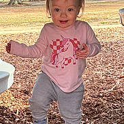 Jaylynn is registered to the contest to win money with this photo: toddler, child, outdoor, playground, unicorn_shirt, gray_pants, sneakers, leaves, wood_chips, smiling, face, person, daylight, tree, background, play_tunnel, nature, casual_clothing, happy, young_child