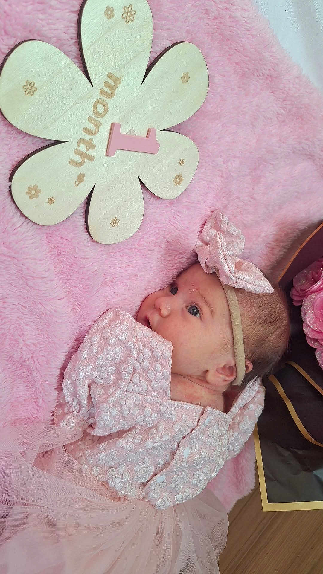 Peyton participe au concours pour gagner de l'argent avec cette photo : baby, infant, pink, dress, headband, flower, wooden_sign, blanket, soft_texture, newborn, cute, portrait, laying_down, celebration, month_marker, tulle_skirt, face, person, indoor, closeup