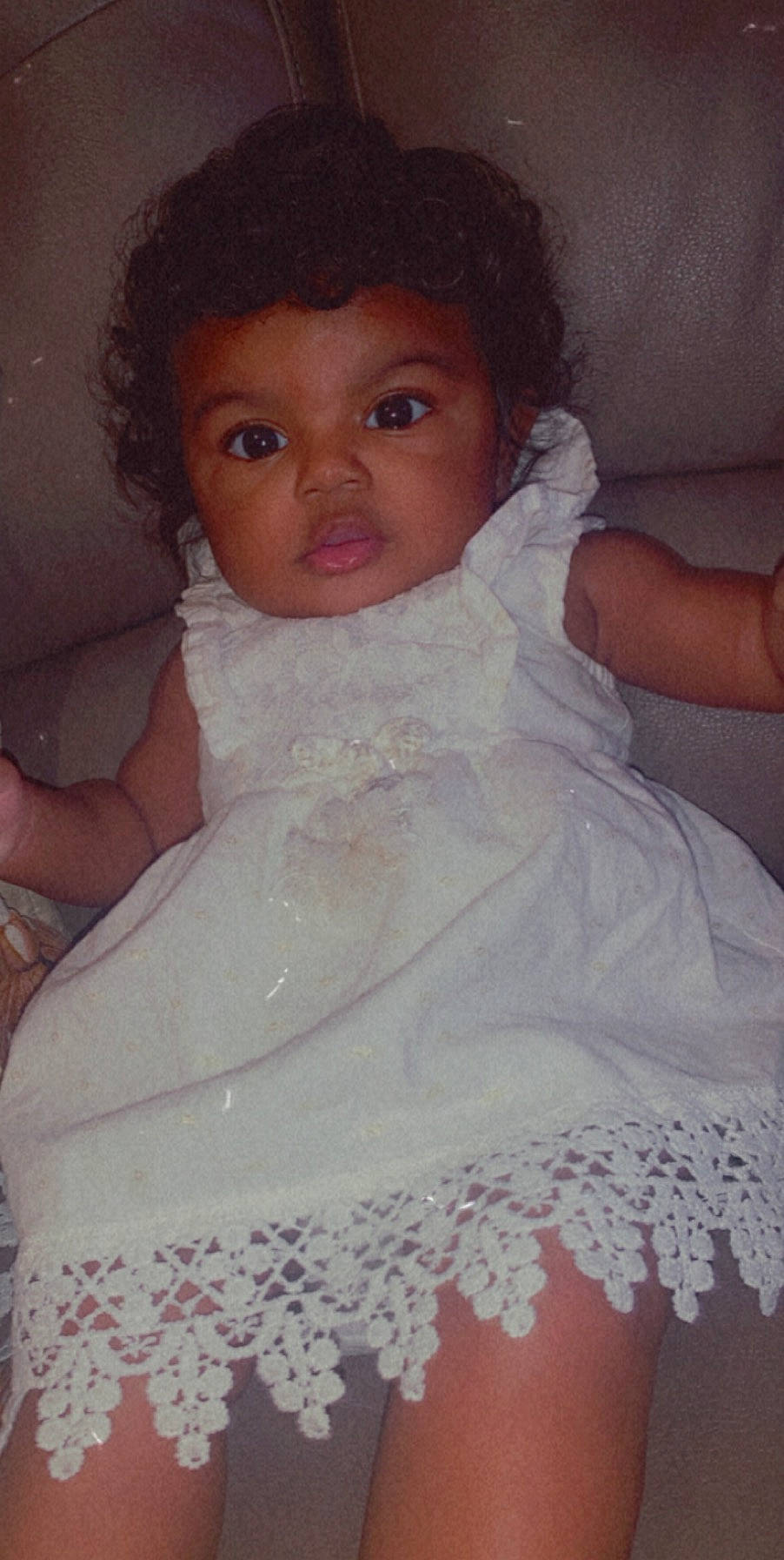 Majesty is registered to the contest to win money with this photo: baby, cheek, child, dress, eye, iris, lace, linens, lip, person, skin, textile, toddler