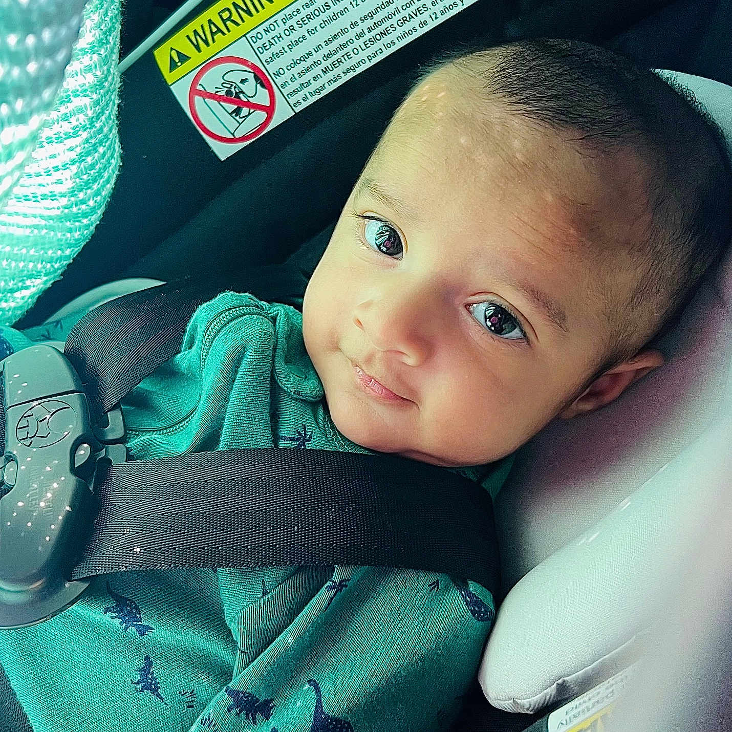 Hamza is registered to the contest to win money with this photo: baby, car_interior, car_seat, child, close_up, cute, dinosaur_print, eyes, face, green_clothing, head_support, indoor, infant, portrait, safety, seatbelt, soft_lighting, strapped_in, warning_label, young_child