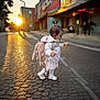 child, toddler, backpack, street, sunset, sidewalk, pavement, outdoor, city, walking, snack, young_child, clothing, footwear, hair_tie, pacifier, urban, light, shadow, playful
