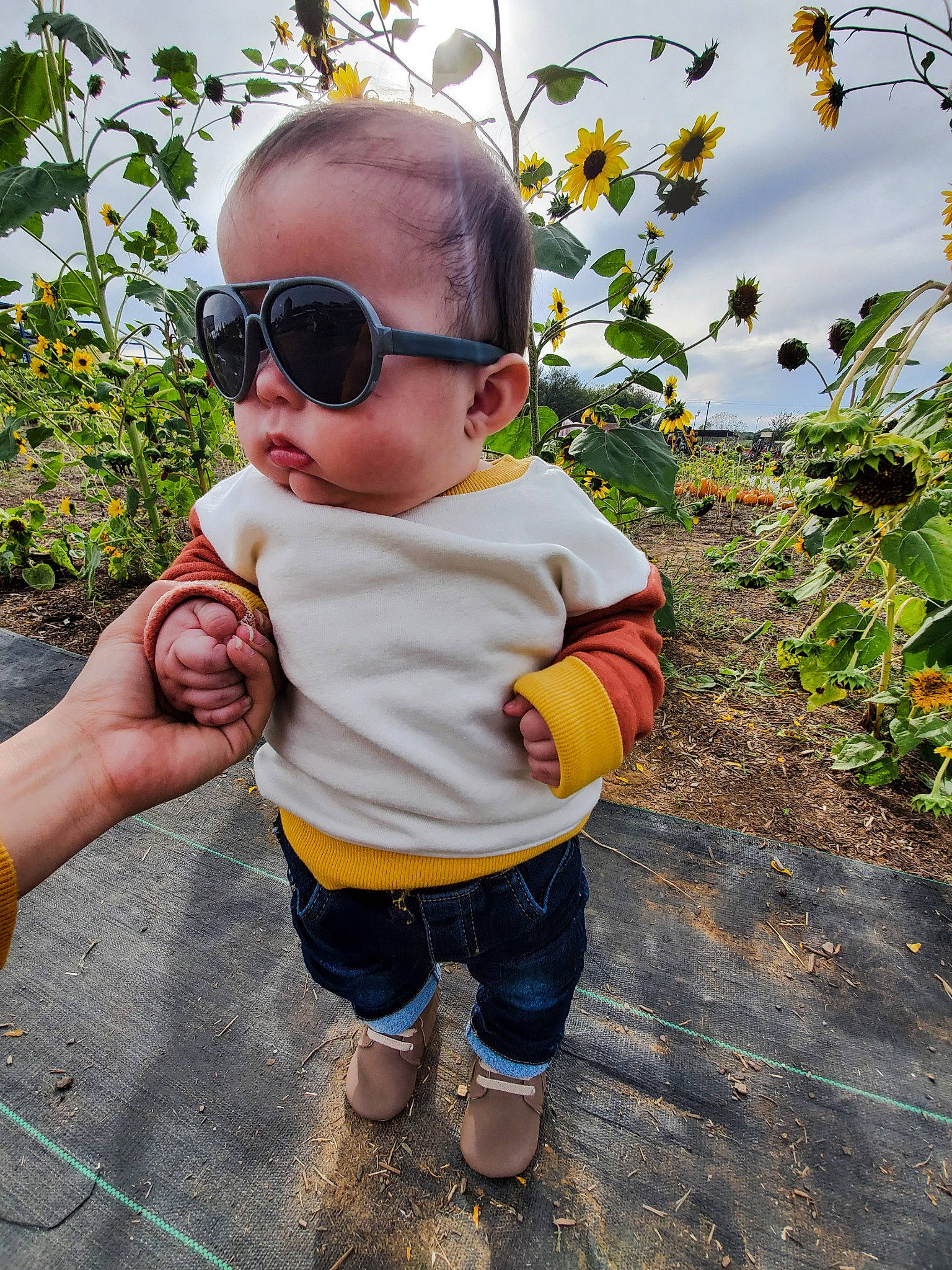 Zeke is registered to the contest to win money with this photo: baby, baby_toddler_clothing, child, eyewear, fun, goggles, grass, happy, headwear, leaf, leisure, people_in_nature, person, personal_protective_equipment, plant, sandal, sky, sunglasses, thumb, toddler