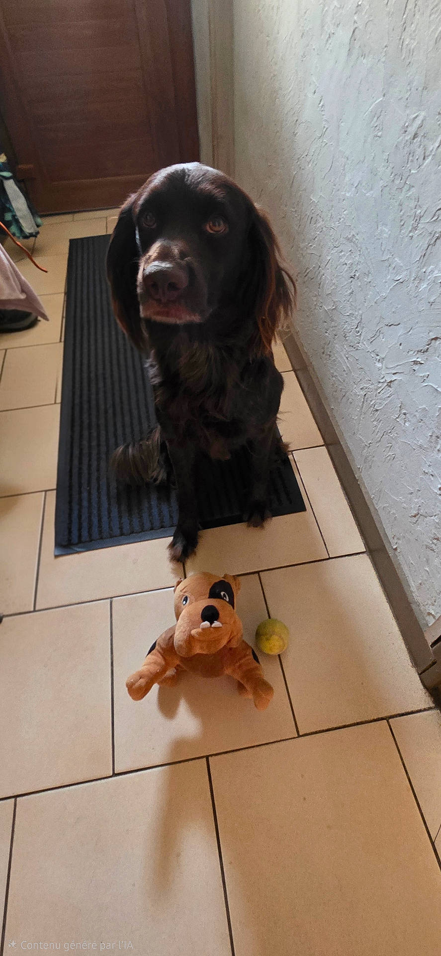 Texas a rejoint le concours — aidez-le/la à gagner de superbes lots ! brown_dog, dog, door, fluffy, hallway, home, indoor, long_ears, mat, pet, plush_toy, portrait, shadow, sitting, spaniel, stuffed_animal, tennis_ball, tile_floor, toy, wall