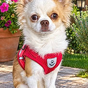 Boubou a rejoint le concours — aidez-le/la à gagner de superbes lots ! dog, chihuahua, small_dog, long_hair, fluffy, white_fur, tan_fur, red_harness, sitting, portrait, outdoor, garden, flowers, greenery, terracotta_pot, lantern, paved_ground, pet, cute, direct_gaze