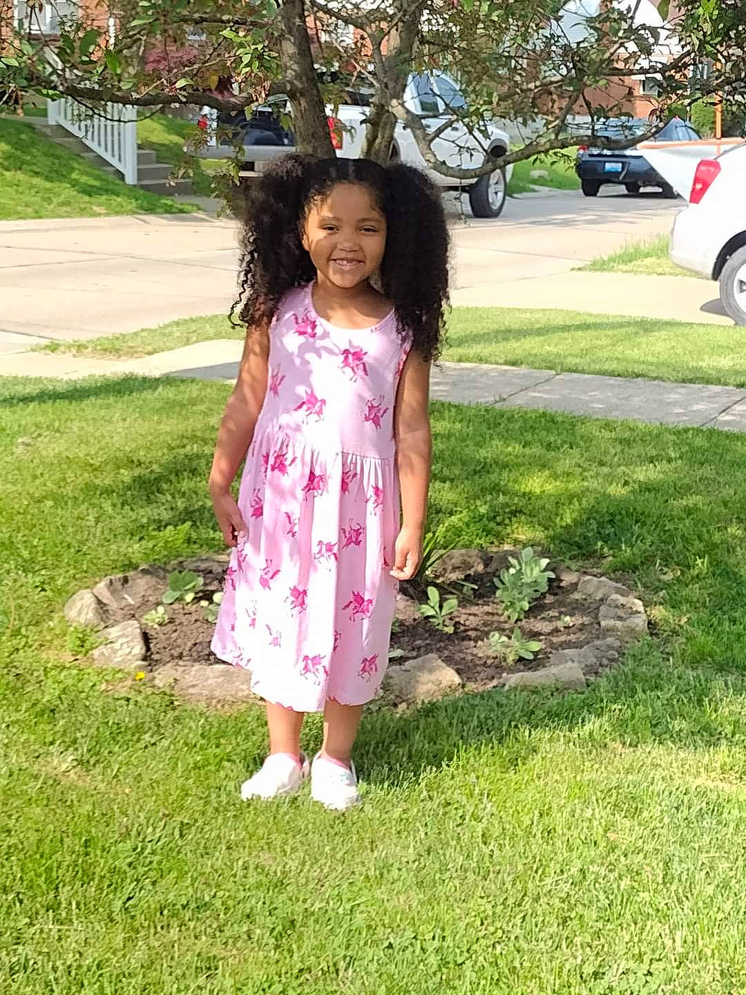 Rayne joined the competition — help win amazing prizes! baby_toddler_clothing, car, dress, garden, grass, grass_family, happy, joy, lawn, leg, leisure, people_in_nature, person, pink, plant, recreation, summer, tire, toddler, tree