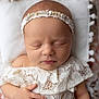 adorable, baby, baby_clothing, blanket, child, closeup, cozy, cute, delicate, hand, headband, indoor, infant, lace, newborn, peaceful, portrait, resting, sleeping, soft_light