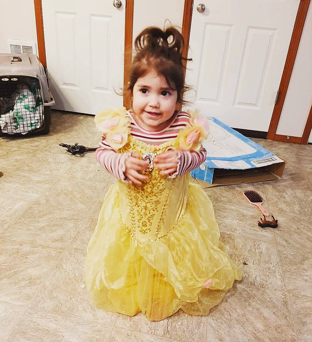 Elena joined the competition — help win amazing prizes! baby_toddler_clothing, child, costume, door, dress, event, fashion_design, floor, flooring, formal_wear, fun, happy, joy, magenta, person, sitting, skin, sleeve, smile, standing