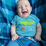 Hunter joined the competition — help win amazing prizes! baby, blue, casual, child, clothing, cute, cute_animals, denim_shorts, face, hands, happy, head, indoor, infant, laughing, plaid_blanket, portrait, sitting, smiling, toddler