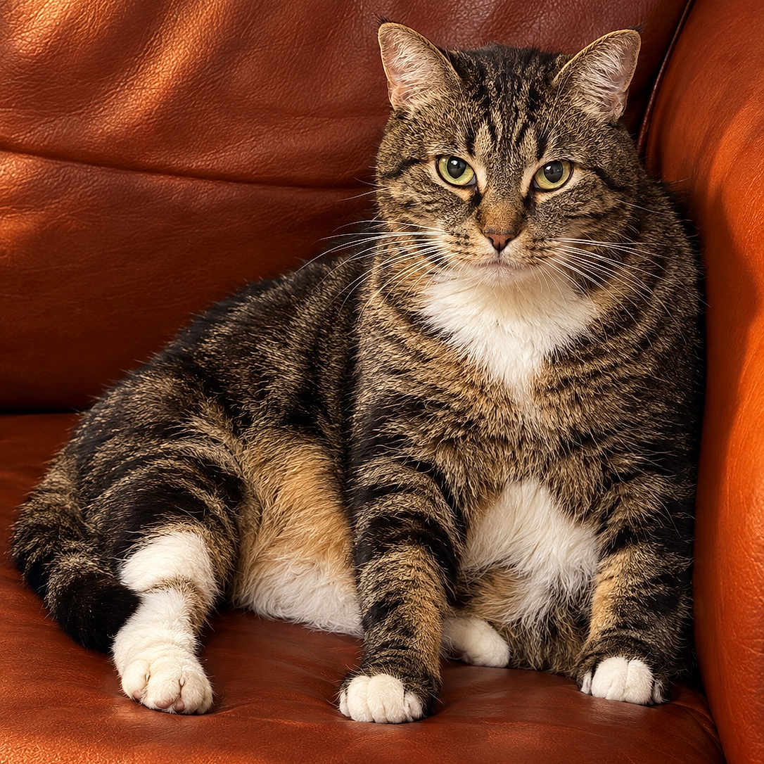 Hurrem is registered to the contest to win money with this photo: cat, tabby, pet, animal, feline, sitting, portrait, indoors, leather_chair, furniture, brown, striped, white_chest, white_paws, green_eyes, whiskers, ears, cozy, living_room, closeup