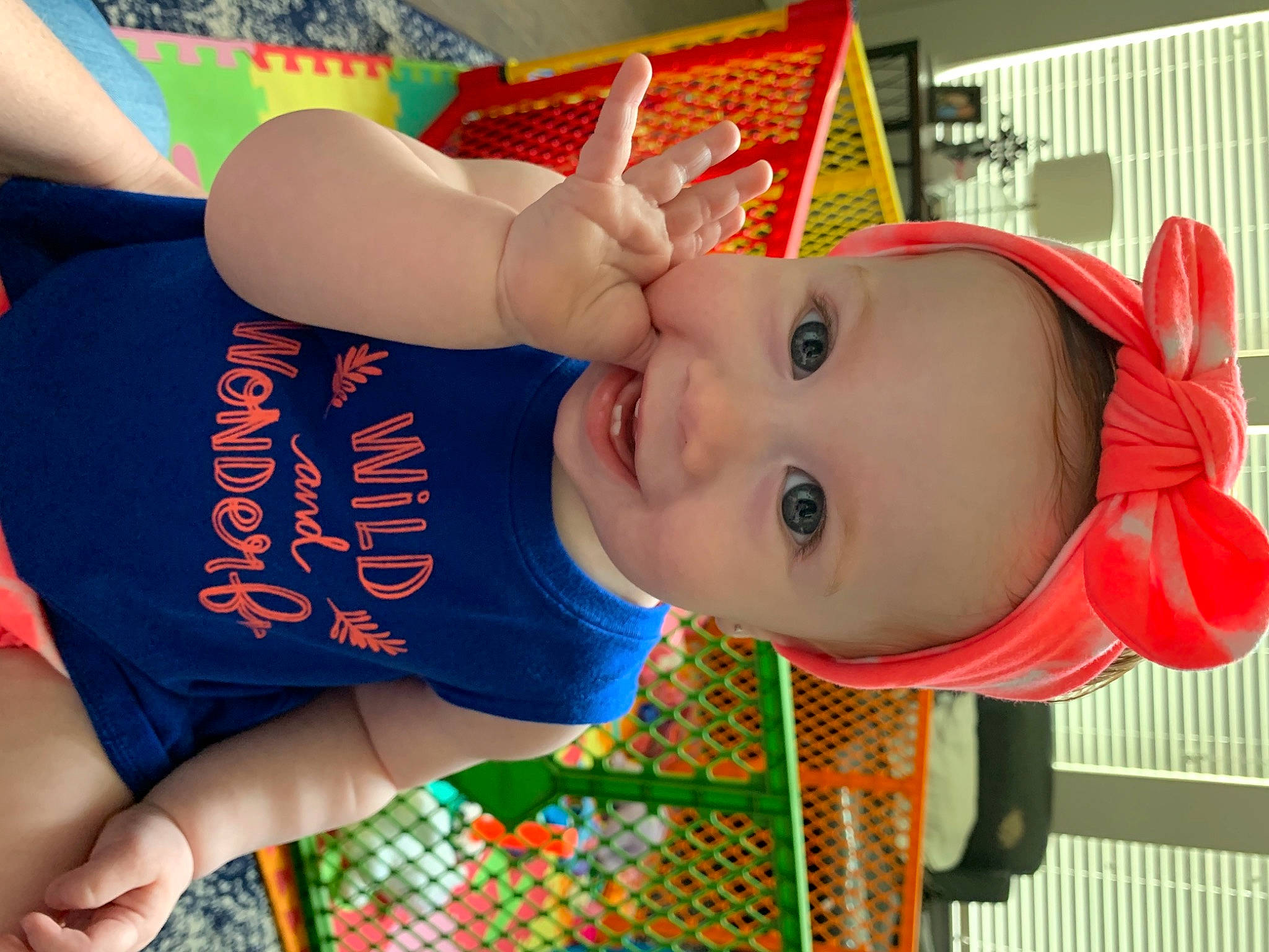Kinsley joined the competition — help win amazing prizes! baby, baby_playing_with_toys, baby_products, baby_toddler_clothing, baby_toys, cheek, child, elbow, fun, happy, leisure, pattern, person, play, room, smile, toddler, vacation, wood, wrist