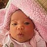 Felicity joined the competition — help win amazing prizes! baby, infant, face, pink_blanket, blanket, cute, pout, expression, close_up, soft_texture, clothing, bunny, embroidery, newborn, child, adorable, warm, cozy, portrait, indoor