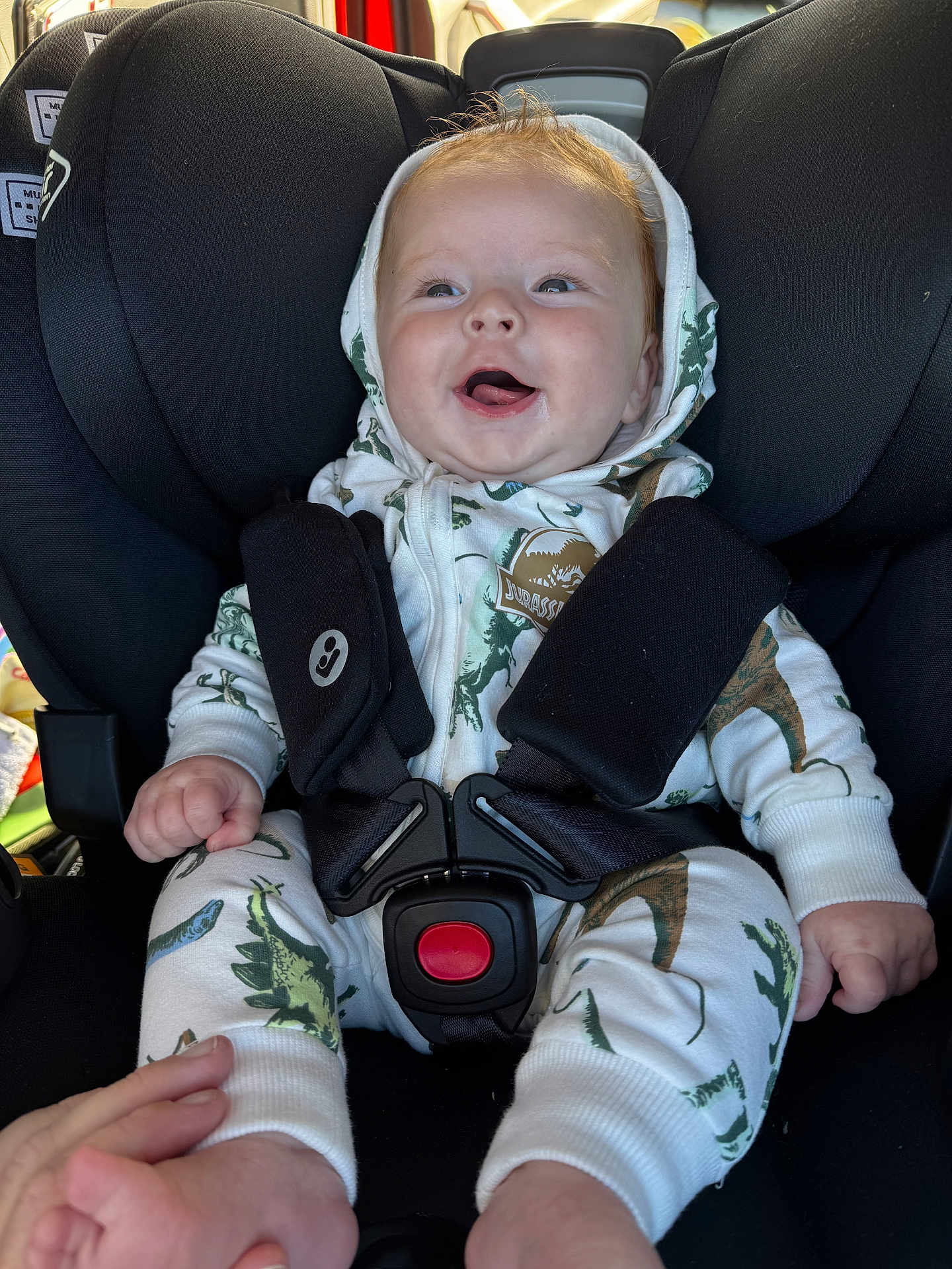 Kynoah joined the competition — help win amazing prizes! baby, child, car_seat, dinosaur_print, onesie, smiling, happy, infant, seat_belt, safety, cute, hand, foot, clothing, indoor, portrait, baby_feet, hoodie, straps, seat