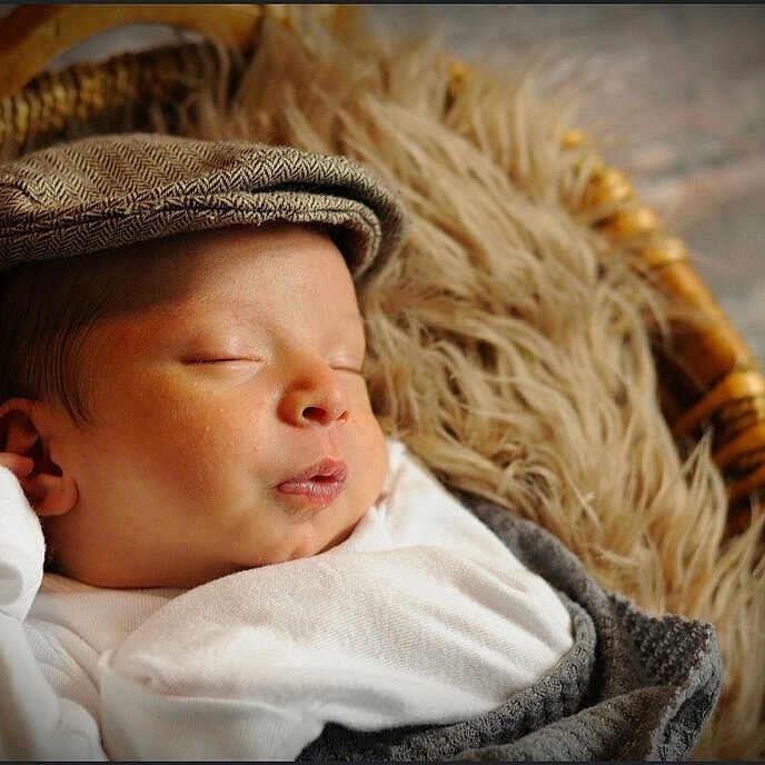 Jonathan is registered to the contest to win money with this photo: baby, basket, bedding, blanket, closed_eyes, cozy, cradle, cute, fur, hat, headwear, infant, knit, newborn, peaceful, portrait, rosy_cheeks, sleeping, sleepy, soft_light