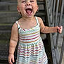 Elisia joined the competition — help win amazing prizes! toddler, child, smiling, happy, dress, striped_dress, stairs, railing, outdoor, person, portrait, baby, cute, laughing, holding, summer_clothing, barefoot, young_child, daylight, joyful