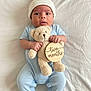 baby, infant, toddler, two_months, onesie, hat, teddy_bear, plush_toy, wooden_sign, white_blanket, lying_down, cute, portrait, child, newborn, hands, face, eyes, soft_texture, milestone