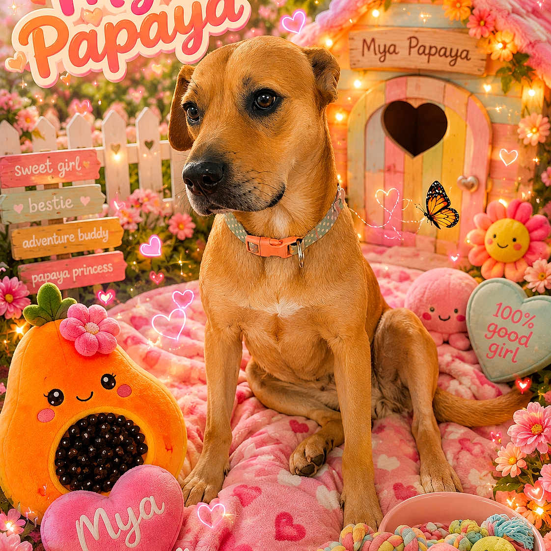 Mya Papaya is registered to the contest to win money with this photo: animal, brown_dog, butterfly, canine, collar, colorful, cute, decorated_scene, dog, doghouse, flowers, garden_theme, heart_shapes, papaya_plush, pet, pink_blanket, plush_toys, portrait, sitting, text_signs