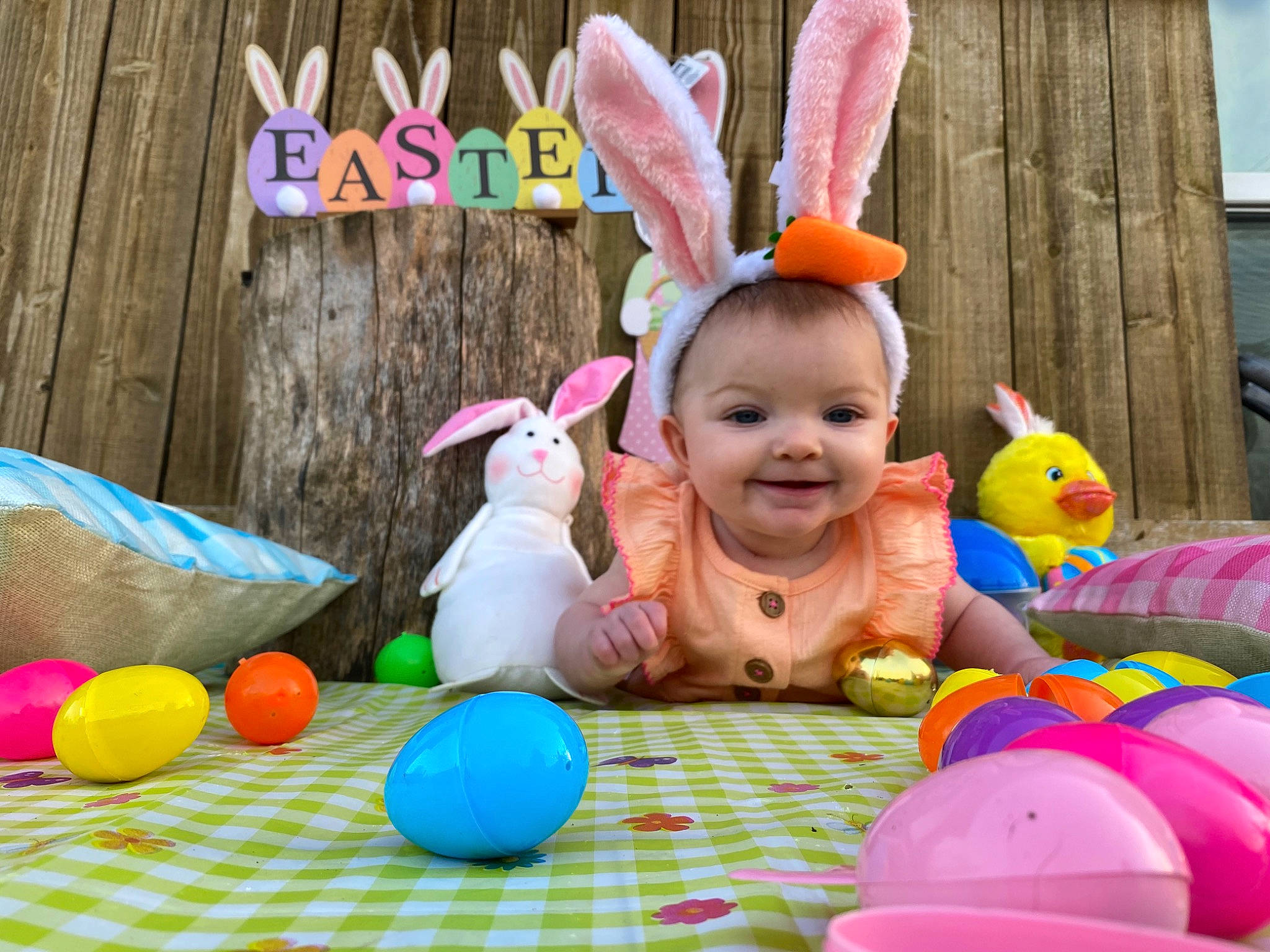 Penelope joined the competition — help win amazing prizes! baby, balloon, child, easter, easter_bunny, event, fawn, fun, grass, happy, holiday, joy, leisure, party_supply, person, pink, play, recreation, smile, toddler