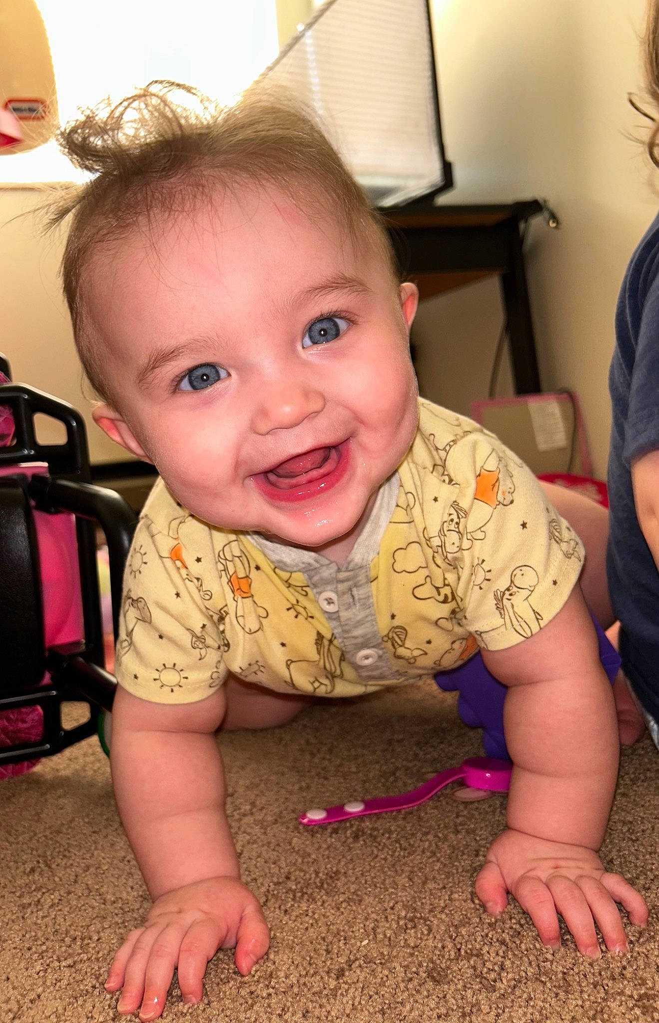 Amelia joined the competition — help win amazing prizes! baby, baby_toddler_clothing, cheek, child, chin, crawling, finger, floor, flooring, happy, iris, joy, lamp, mouth, nose, person, pink, skin, sleeve, smile