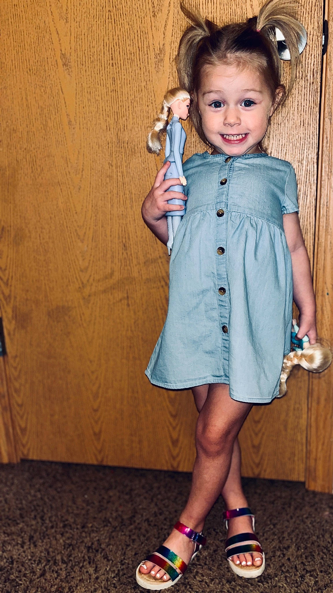 Maya joined the competition — help win amazing prizes! baby_toddler_clothing, day_dress, denim, dress, electric_blue, fashion_design, formal_wear, happy, joint, joy, knee, leg, neck, pattern, person, shoulder, skin, sleeve, smile, standing