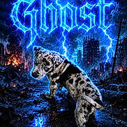 Ghost is registered to the contest to win money with this photo: dog, puppy, spotted_dog, post_apocalyptic, ruins, fire, lightning, stormy_sky, dark_clouds, electric_blue, text_overlay, ghost, destroyed_buildings, burning, abandoned_car, urban_decay, night_scene, dramatic_lighting, fantasy, surreal