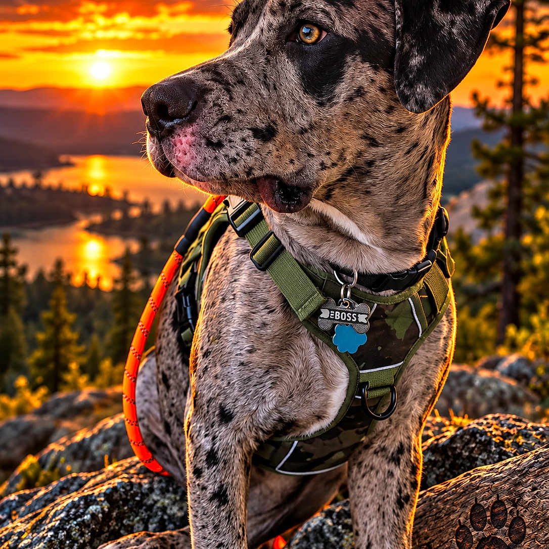 Ghost joined the competition — help win amazing prizes! dog, canine, speckled_coat, blue_heeler, large_dog, sitting, outdoors, mountains, sunset, sunrise, lake, forest, pine_trees, rocks, hiking, adventure, harness, leash, portrait, nature