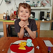 Aaron participe au concours pour gagner de l'argent avec cette photo : birthday, boy, cake, casual_clothing, celebration, child, dessert, face, food, happy, indoor, kitchen, number_candle, person, pikachu, sitting, smile, table, wooden_table, young