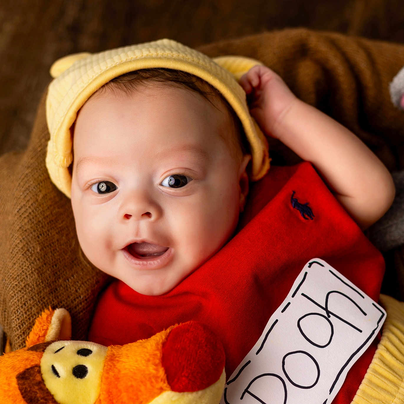 Azaria is registered to the contest to win money with this photo: baby, child, smiling, hat, red_clothing, yellow_hat, plush_toy, basket, cozy, cute, portrait, indoors, happy, infant, face, headwear, soft_toy, toddler, warm, closeup