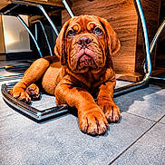 Kuma participe au concours pour gagner de l'argent avec cette photo : puppy, dog, brown_dog, floor, tile_floor, chair, metal_chair, wooden_furniture, indoor, pet, animal, cute, wrinkled_face, large_paws, relaxed, looking_up, young_dog, companion, domestic_animal, flooring