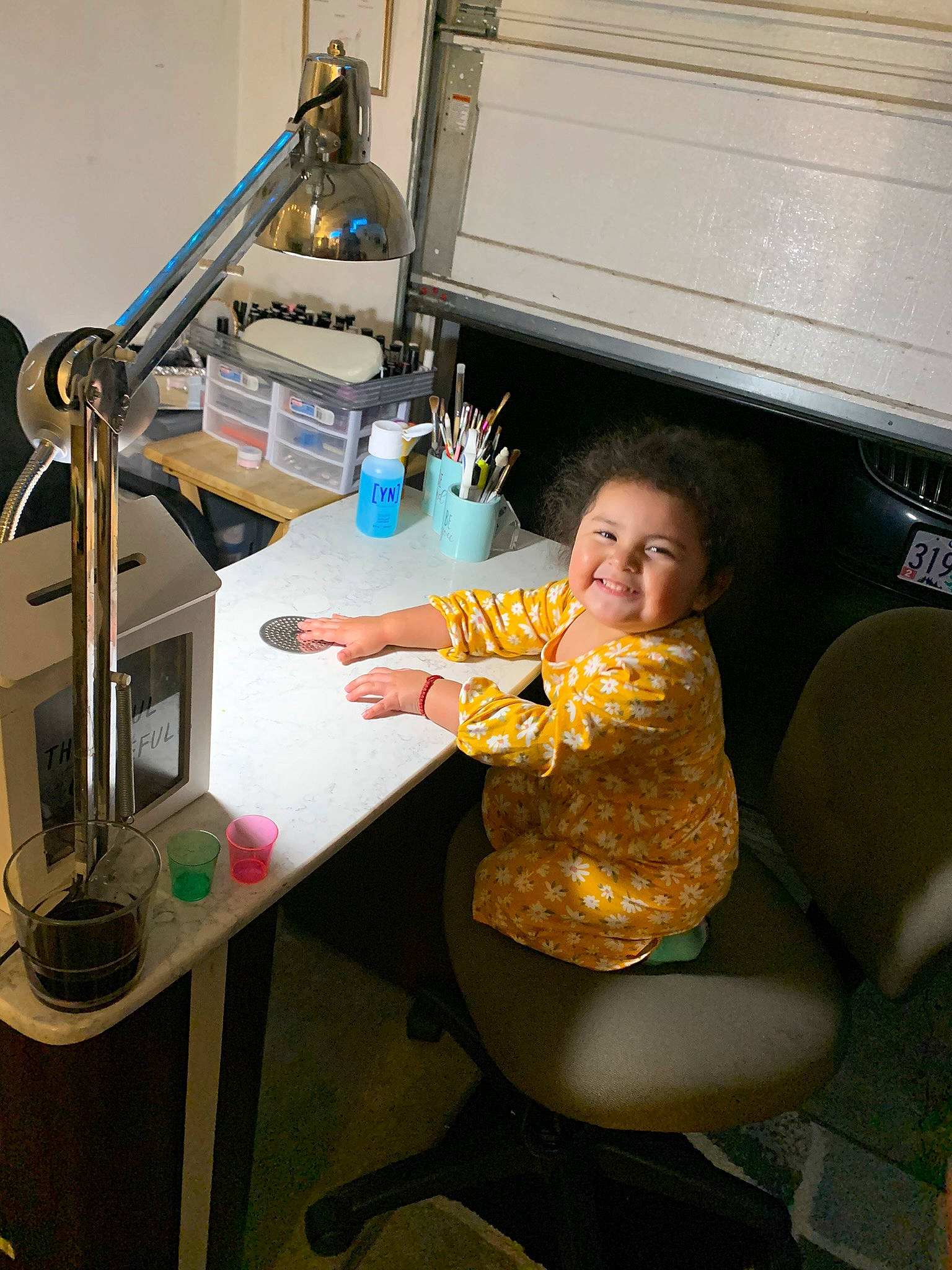 Olivia is registered to the contest to win money with this photo: baby_toddler_clothing, chair, child, computer, computer_desk, desk, desktop_computer, engineering, input_device, joy, lap, machine, office_equipment, office_instrument, peripheral, person, personal_computer, room, sharing, t_shirt