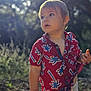 toddler, child, outdoor, nature, shirt, red_shirt, short_sleeve, patterned_clothing, curious, standing, sunlight, daylight, forest, greenery, casual_clothing, young_child, portrait, people, summer, expression