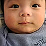 Jin joined the competition — help win amazing prizes! baby, close_up, face, infant, child, portrait, skin, eyes, hair, clothing, textile, sleeve, expressionless, indoors, soft_light, young, cute, cute_face, newborn, wearing