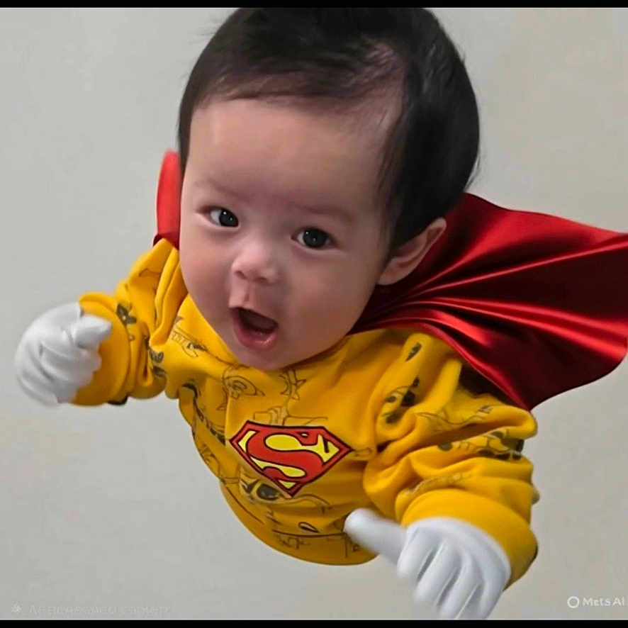 Jin is registered to the contest to win money with this photo: baby, cape, child, costume, cute, expression, face, flying_pose, fun, gloves, indoor, person, playful, portrait, red_cape, smiling, superhero, superman_logo, yellow_clothing, young_child