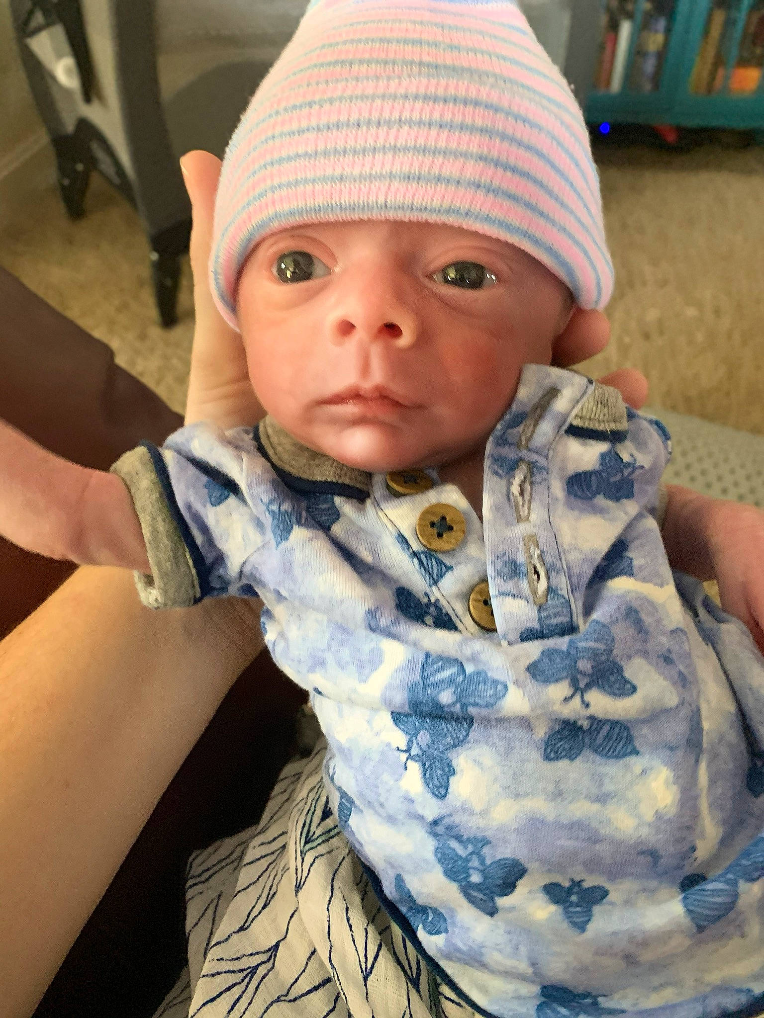 Harrison is registered to the contest to win money with this photo: baby, beanie, bonnet, cap, cheek, child, hat, head, headgear, headwear, person, skin, sun_hat, toddler