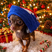 Cocachelee is registered to the contest to win money with this photo: brown_dog, candy_cane, celebration, christmas_hat, christmas_lights, christmas_tree, close_up, cute, decorations, dog, festive, gift_box, holiday, holiday_cheer, indoor, pet, pine_cones, small_dog, snow, winter